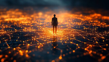 Poster - Abstract global network connecting people, central figure at center of connections, vivid orange lights highlighting pathways, modern tech and networking innovation