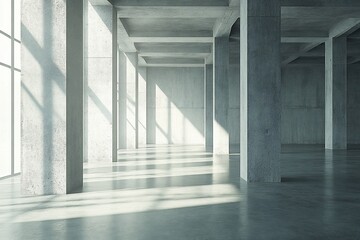 Poster - Sunlit minimalist concrete interior space with large windows and pillars.
