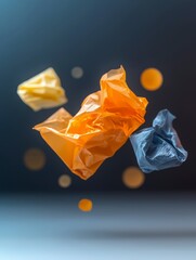 Poster - Colorful Crumpled Plastic Wrappers Floating Against a Dark Background with Blurred Circular Elements
