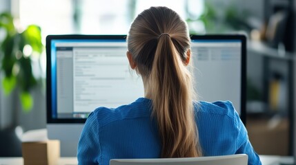 Poster - Focused Woman Working on Computer at Desk in Modern Office