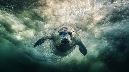 Poster - Underwater view of a seal swimming towards the camera, surrounded by bubbles and water.