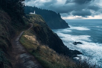 Poster - Coastal trail winds along dramatic clifftop, lighthouse under stormy sky.