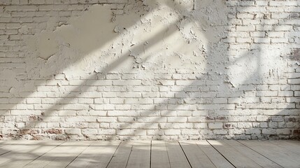 Aufkleber - Whitewashed brick wall with wooden floor and sunlight shadows.