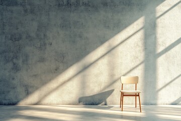 Poster - Minimalist interior design; single chair against a concrete wall with sunlight streaming through a window.