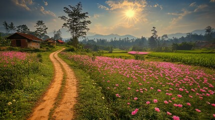 Poster - Dirt road winding through vibrant pink flower field towards houses and mountains under a bright sun.