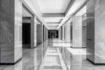 Poster - Modern minimalist hallway with marble pillars and polished floor, creating a sense of depth and elegance.