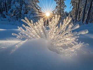 Aufkleber - Sunlit ice crystals in snowy forest.