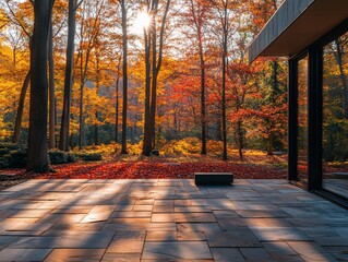 Leinwandbilder - Autumnal sunlight streams through vibrant fall foliage, illuminating a modern patio.