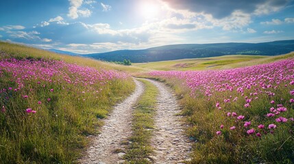 Poster - Sunny path through vibrant pink wildflowers in a picturesque mountain valley.