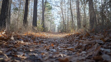 Aufkleber - Sunlit path through autumn woods; fallen leaves cover ground.
