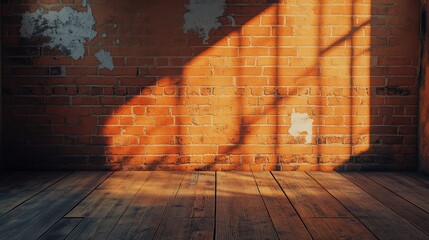 Poster - Sunlit empty room with exposed brick wall and wooden floor.