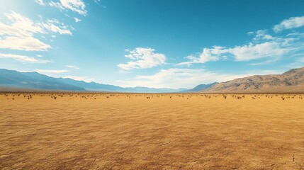 Poster - Expansive desert landscape under a vibrant blue sky with distant mountains.
