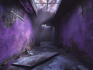 Poster - dark, abandoned hallway with purple walls, debris, and light from a skylight.