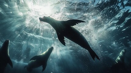 Poster - Underwater sunbeams illuminate three graceful sea lions swimming in the ocean depths.