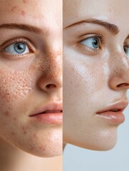 Poster - Comparison of acne prone skin and flawless skin in a dermatology concept highlighting skin health and treatments. Generative AI