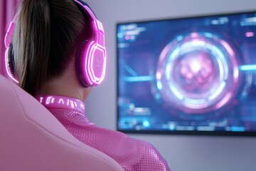 Poster - Interior of gaming room with modern computer and neon lighting Playing cyber games and online entertainment concept
