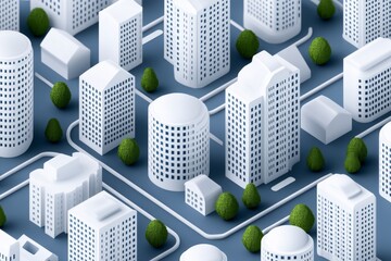 Poster - Isometric White City Model, Clean Aerial View of Simplified Urban Layout, Buildings and Streets in a Minimalist Style, Monochrome Architecture Design