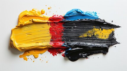 Poster - Golden yellow red and black paint spreads across a clean white surface creating a striking contrast. The smooth texture and shiny finish invite artistic expression and creativity.