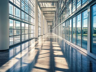 Poster - Sunlit modern glass corridor with polished floor.