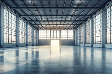 Poster - Spacious industrial warehouse interior with large windows, sunlight streaming through a doorway, reflecting on polished concrete floor.
