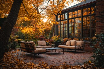 Poster - Autumnal patio furniture set on brick patio, surrounded by fall foliage and a sunroom.