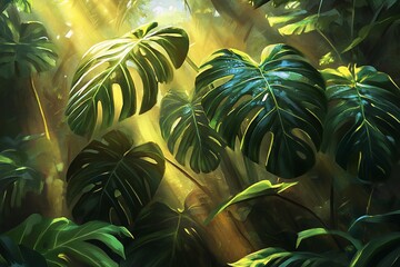Poster - Sunbeams illuminate lush green monstera leaves in a dense, tropical rainforest.
