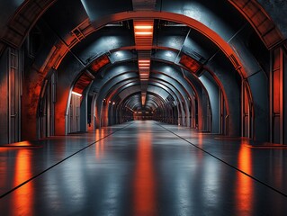 Poster - Futuristic metallic corridor with arched ceiling, glowing orange and blue lights, reflective floor.