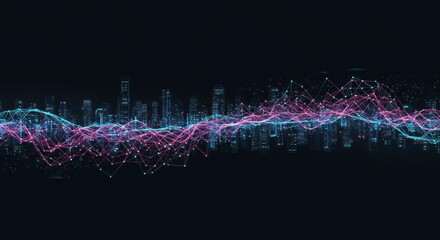 Poster - Abstract Cityscape: Digital Waves and Urban Skyline
