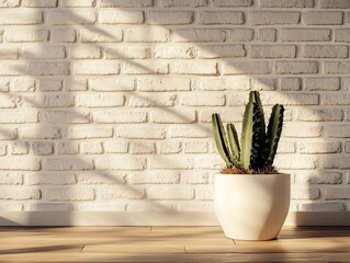 Aufkleber - Cactus in white pot against sunlit brick wall.
