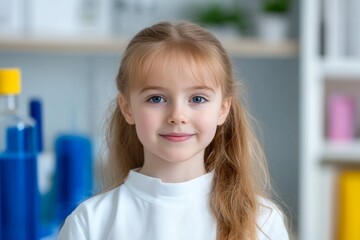 Poster - Little 6s cute girl with microscope holding laboratory bottle with water experiment study scientists at school Education science concept