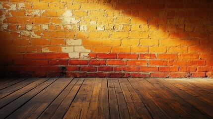 Poster - Sunlit rustic room with orange brick wall and wooden floor.