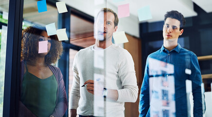 Poster - Business people, brainstorming and meeting with team on glass board for presentation or project planning. Group, employees or colleagues with schedule tasks for company ideas or agenda at workplace