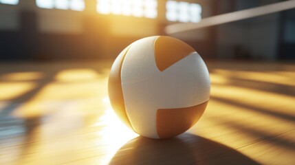 Poster - Realistic close-up of a volleyball on a gymnasium floor, soft shadows, and warm lighting.