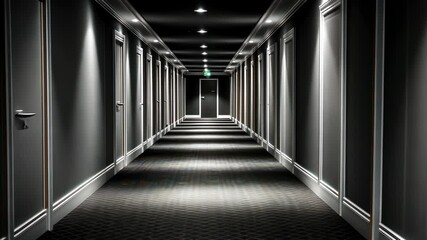 Dark hotel corridor with many closed doors and carpet.