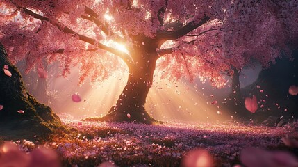 Poster - Majestic cherry blossom tree in a sunlit forest, petals falling.
