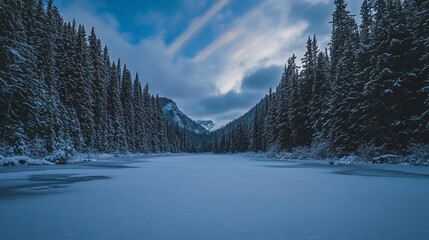 Aufkleber - Frozen lake nestled in a snowy forest at dusk, mountains in the background.