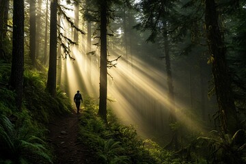 Poster - Person hiking on trail in sunlit misty forest.