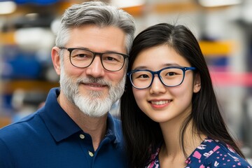 Poster - Male scientist with young woman examining machinery in laboratory