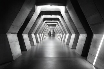 Poster - Monochromatic perspective of a long, modern concrete corridor with geometric architectural features and a distant light source.