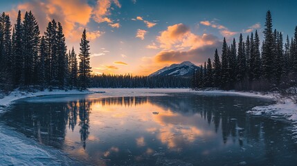 Poster - Scenic winter sunset over a calm, snow-covered river reflecting the colorful sky and mountains.