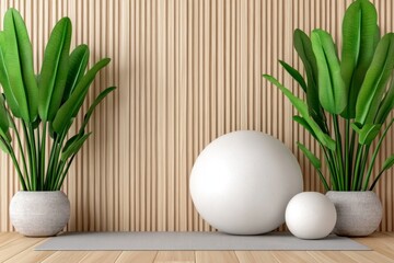 Poster - Minimalist interior design yoga studio with a white wall, wooden floor, and a light gray mat on the ground Ai generated image