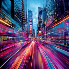 Poster - Vibrant city street at night with light trails and skyscrapers.