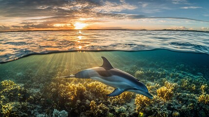Poster - Dolphin swimming in coral reef at sunset.