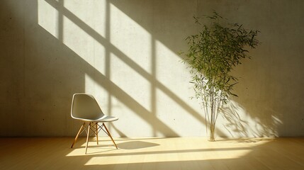 Leinwandbilder - Sunlit minimalist room with chair and bamboo plant.