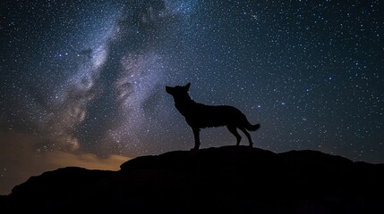 Poster - Silhouette of a dog standing on a hill at night, looking at the Milky Way.