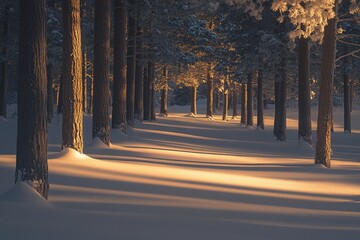 Aufkleber - Sunlit path through a snow-covered pine forest at sunset.
