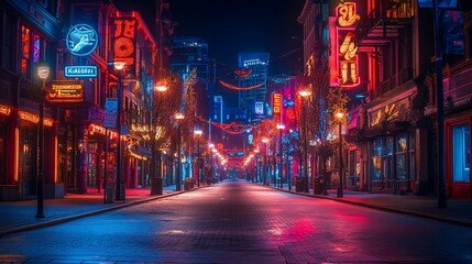 Poster - Empty city street at night with vibrant neon signs and streetlights.