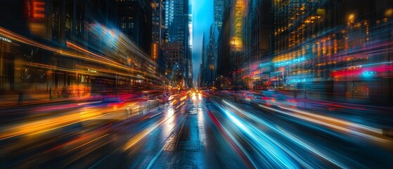 Fototapete - Dynamic city street at night with light trails and blurred motion.