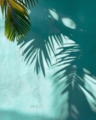 Aufkleber - Palm leaf shadow cast on teal wall.