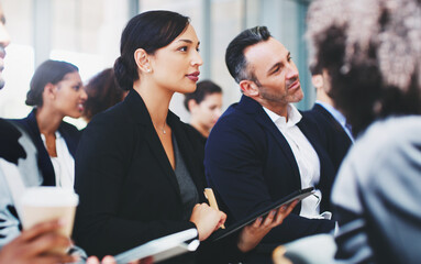 Poster - Tablet, woman and listening at company conference, digital notes and learning at corporate seminar. Person, attention and employee engagement with information, training and feedback for development